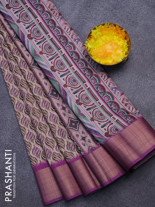 Semi matka saree beige and purple with allover prints and zari woven border