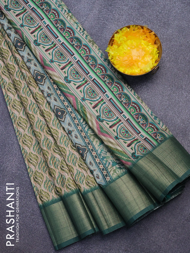 Semi matka saree beige and green with allover prints and zari woven border