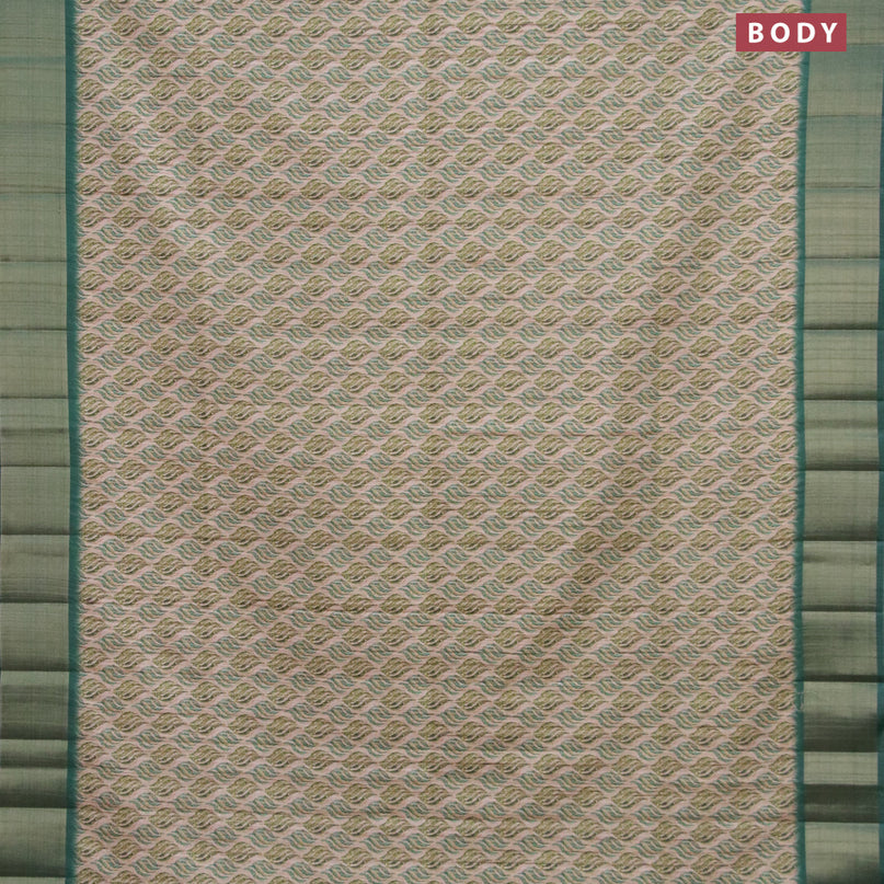 Semi matka saree beige and green with allover prints and zari woven border