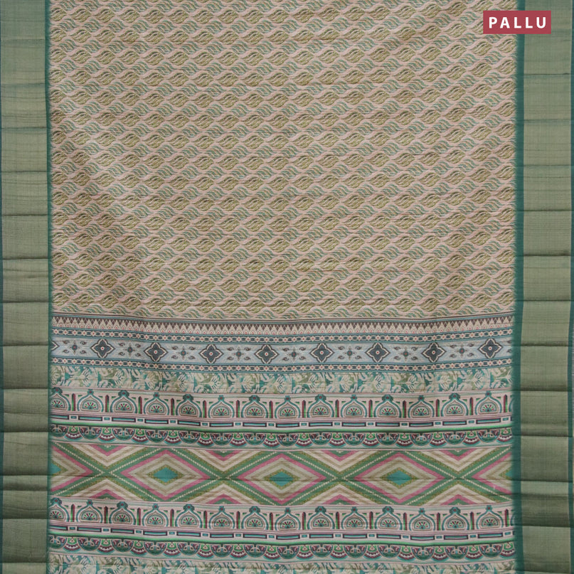 Semi matka saree beige and green with allover prints and zari woven border