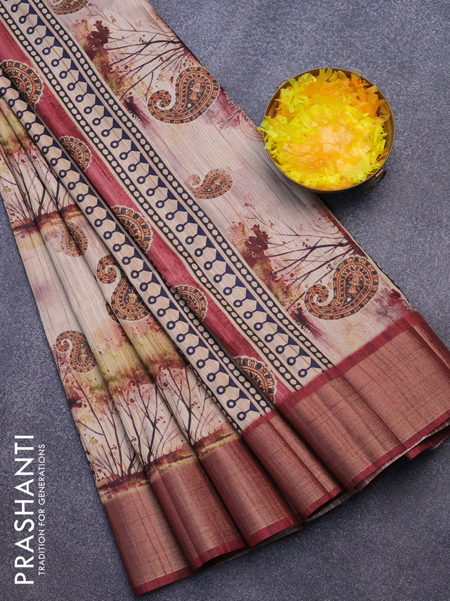 Semi matka saree beige and maroon with allover prints and zari woven border