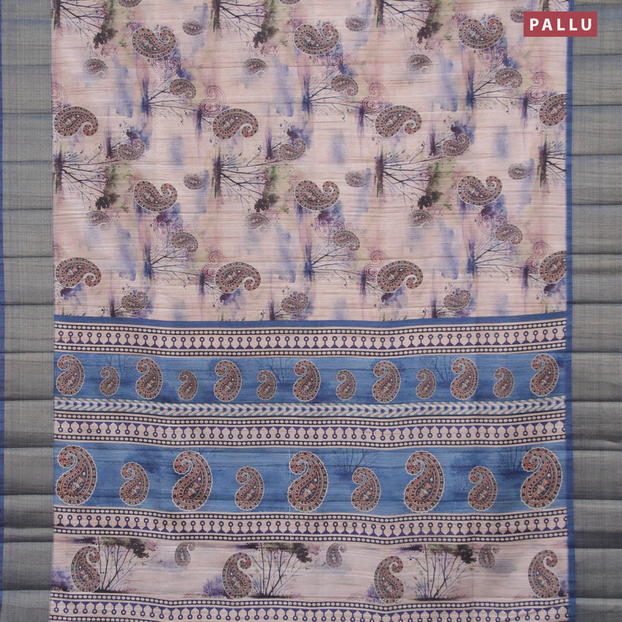 Semi matka saree beige and peacock blue with allover prints and zari woven border
