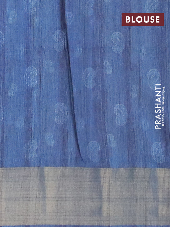 Semi matka saree beige and peacock blue with allover prints and zari woven border