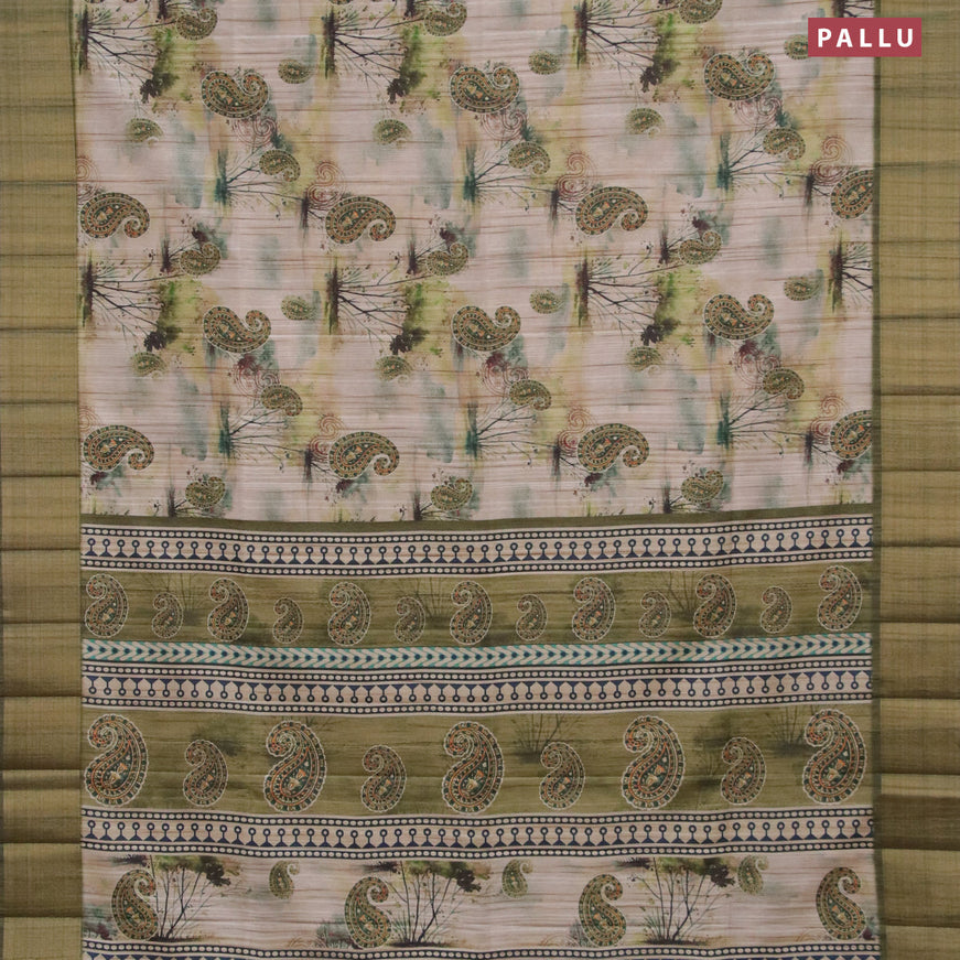 Semi matka saree beige and sap green with allover prints and zari woven border
