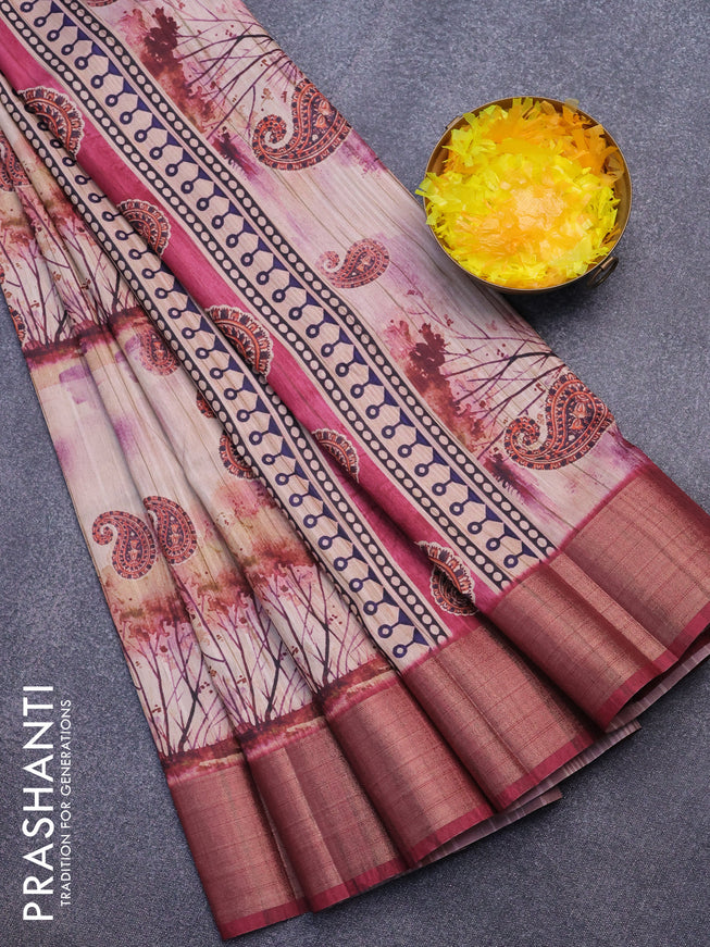 Semi matka saree beige and maroon with allover prints and zari woven border