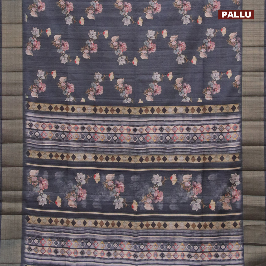 Semi matka saree grey with allover floral prints and zari woven border