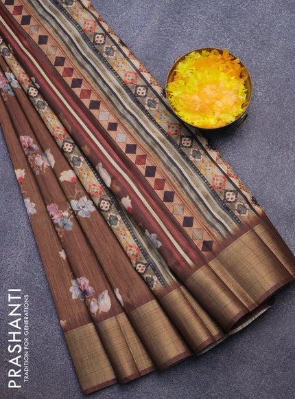 Semi matka saree brown with allover floral prints and zari woven border