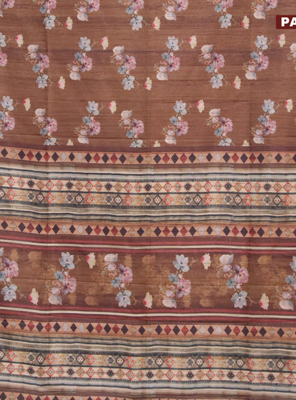 Semi matka saree brown with allover floral prints and zari woven border