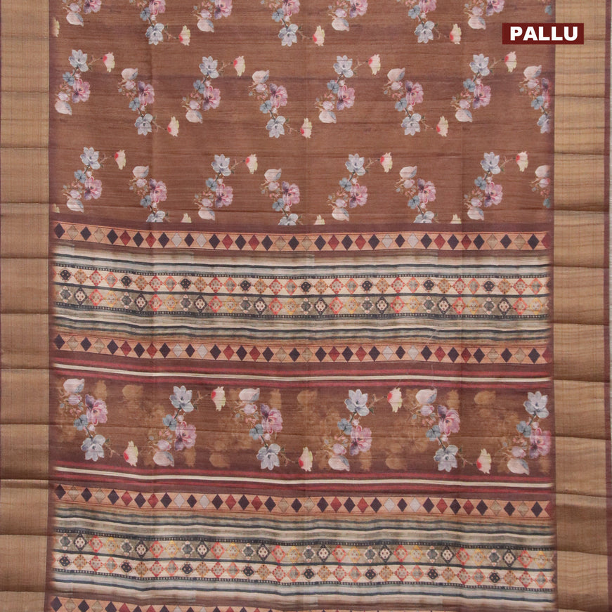 Semi matka saree brown with allover floral prints and zari woven border