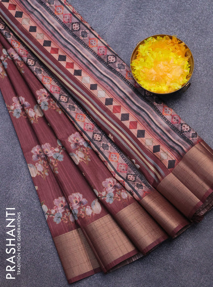 Semi matka saree maroon with allover floral prints and zari woven border