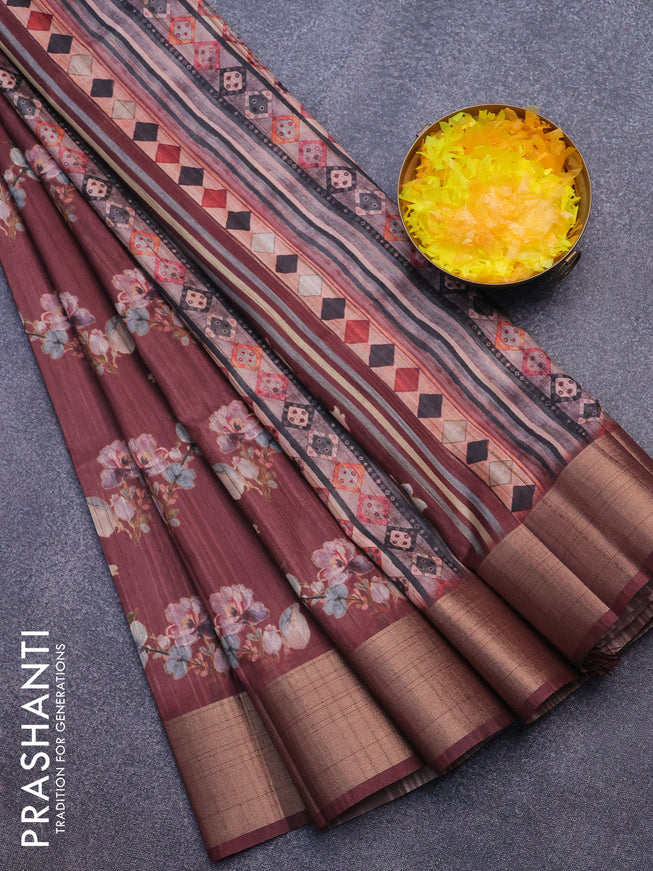 Semi matka saree maroon with allover floral prints and zari woven border
