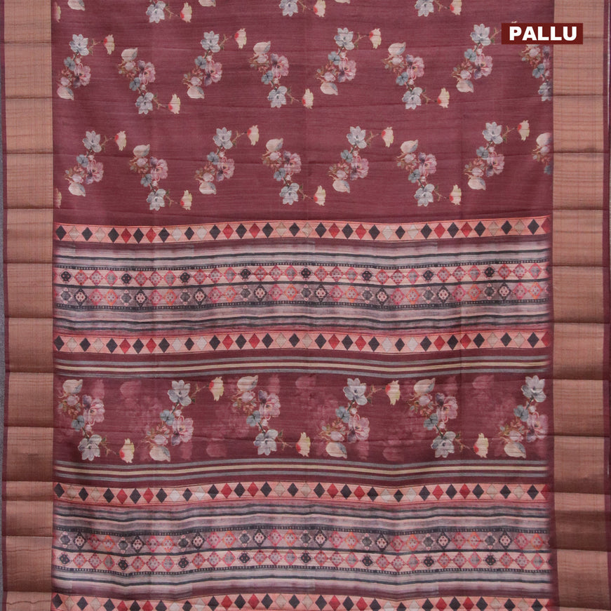 Semi matka saree maroon with allover floral prints and zari woven border