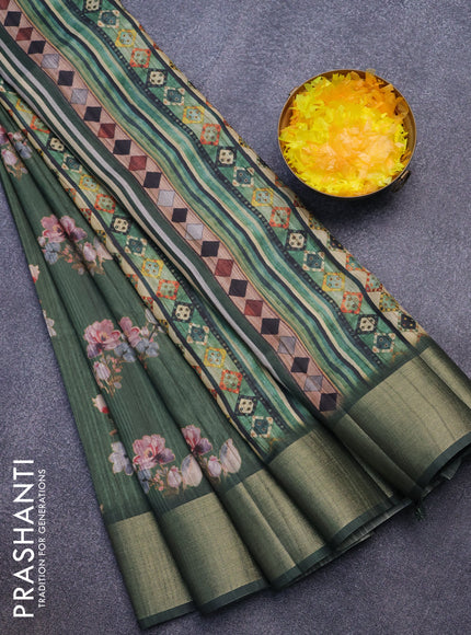 Semi matka saree dark green with allover floral prints and zari woven border