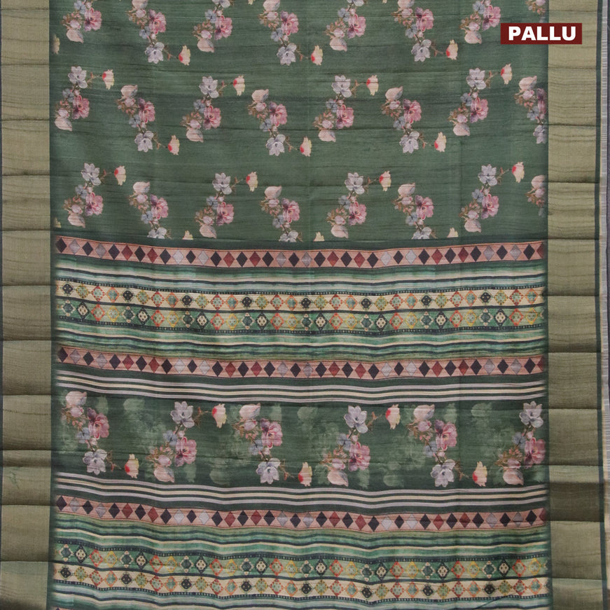 Semi matka saree dark green with allover floral prints and zari woven border