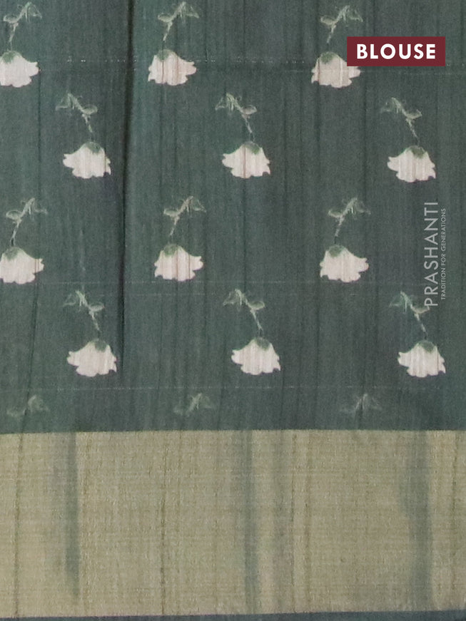 Semi matka saree dark green with allover floral prints and zari woven border