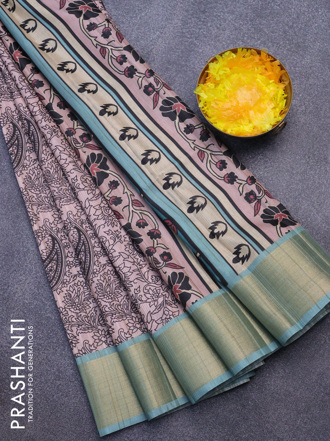 Semi matka saree pastel pink and teal blue with allover prints and zari woven border