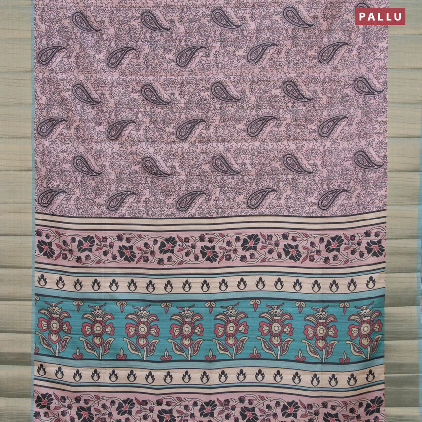 Semi matka saree pastel pink and teal blue with allover prints and zari woven border