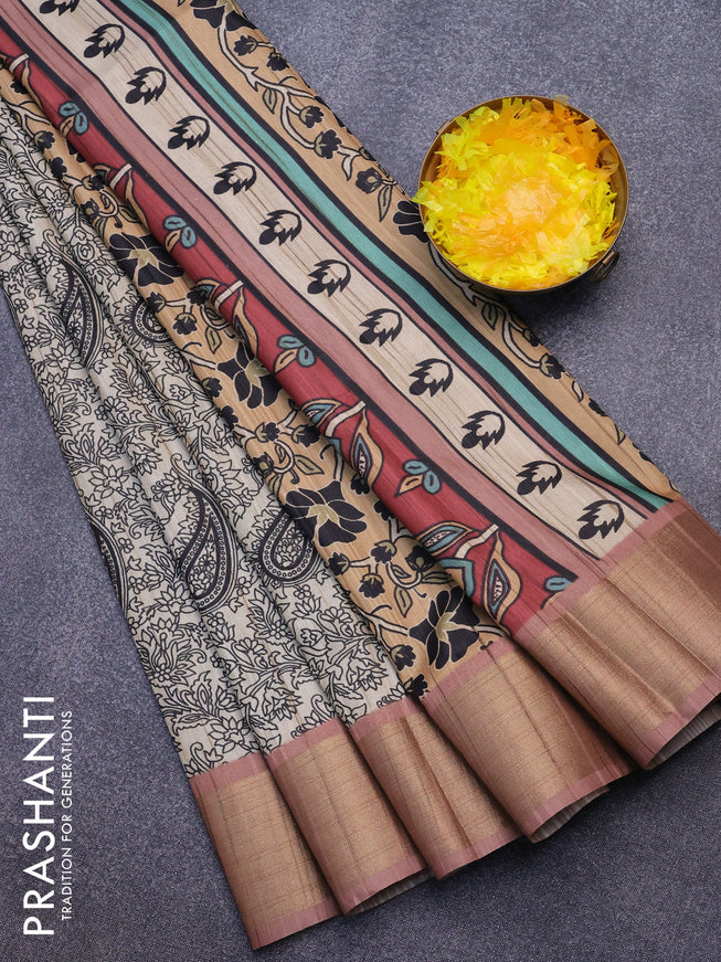 Semi matka saree cream and brown with allover prints and zari woven border