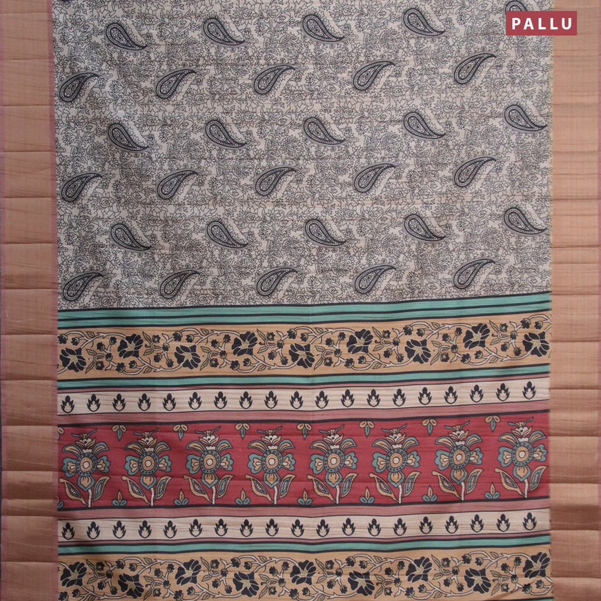 Semi matka saree cream and brown with allover prints and zari woven border