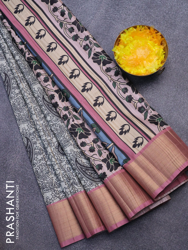 Semi matka saree grey and mauve pink with allover prints and zari woven border