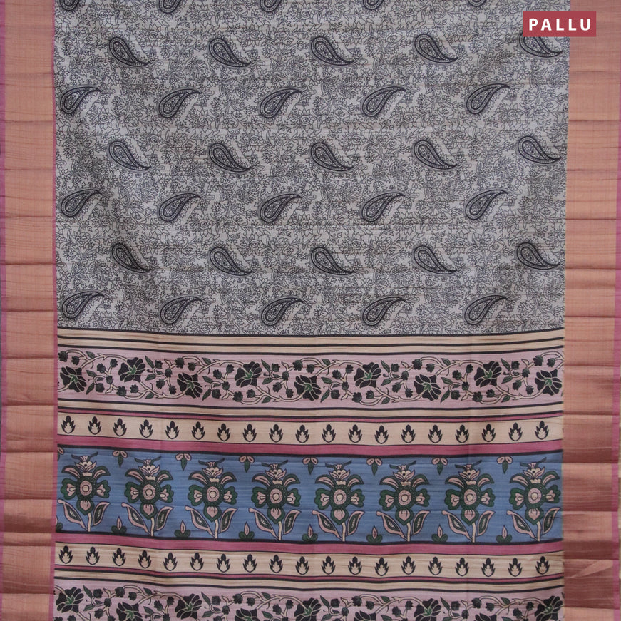 Semi matka saree grey and mauve pink with allover prints and zari woven border