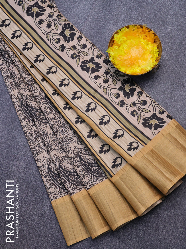 Semi matka saree sandal and mustard yellow with allover prints and zari woven border