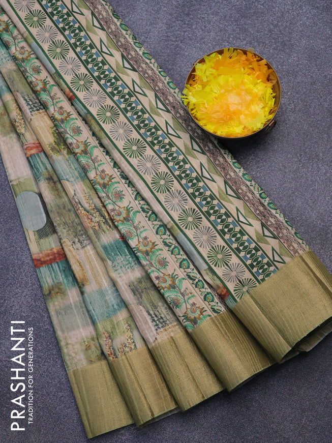Semi matka saree beige and pastel green with allover geometric prints and zari woven border
