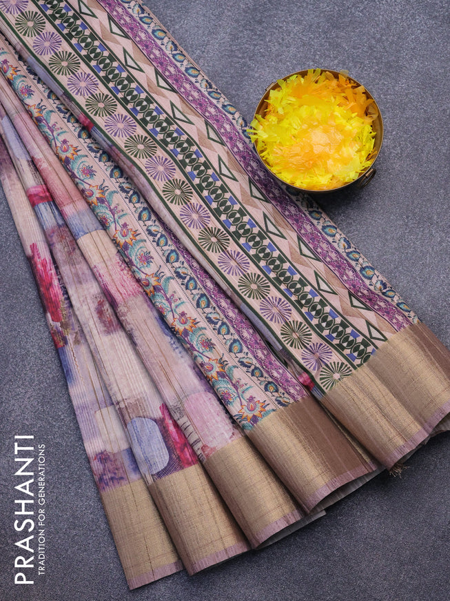 Semi matka saree multi colour and pastel brown with allover geometric prints and zari woven border