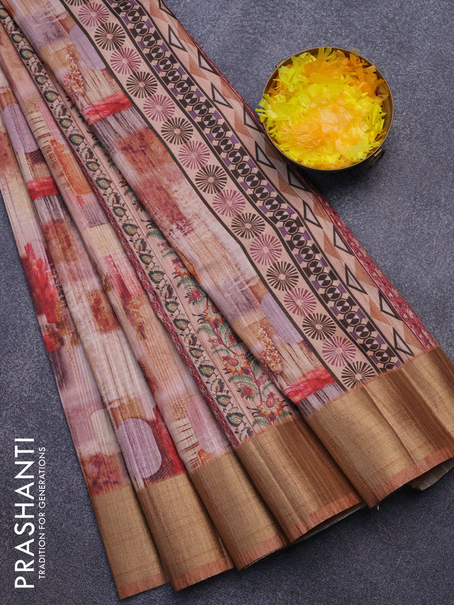 Semi matka saree pastel pink shade and rust shade with allover geometric prints and zari woven border