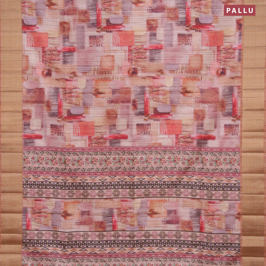 Semi matka saree pastel pink shade and rust shade with allover geometric prints and zari woven border