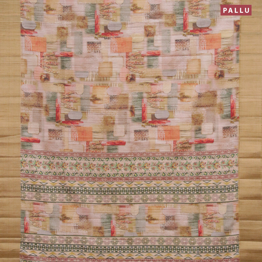 Semi matka saree beige and sandal with allover geometric prints and zari woven border