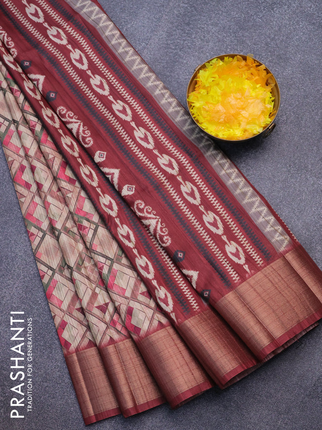 Semi matka saree beige and maroon with allover geometric prints and zari woven border