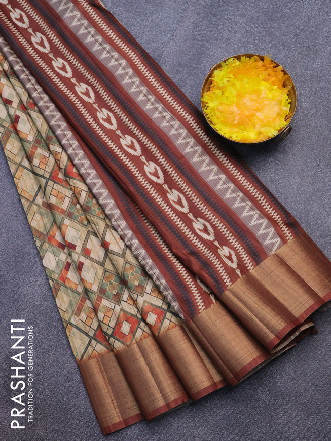 Semi matka saree beige and brown with allover geometric prints and zari woven border