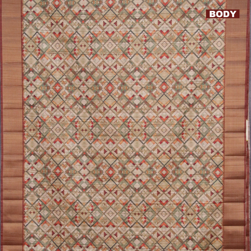 Semi matka saree beige and brown with allover geometric prints and zari woven border