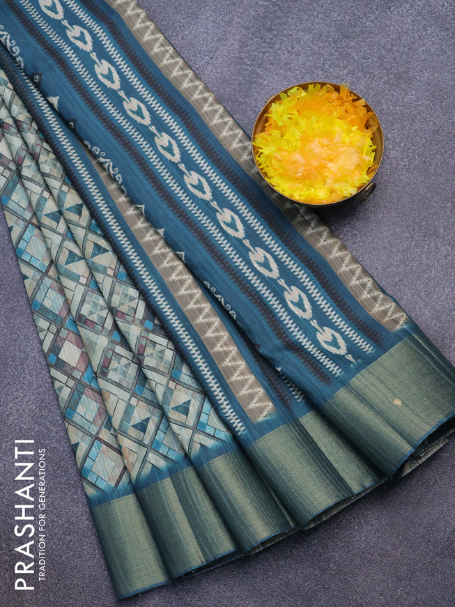 Semi matka saree beige and peacock blue with allover geometric prints and zari woven border