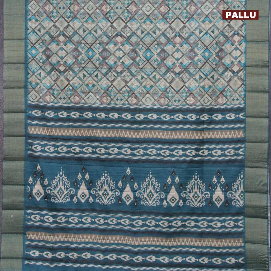 Semi matka saree beige and peacock blue with allover geometric prints and zari woven border