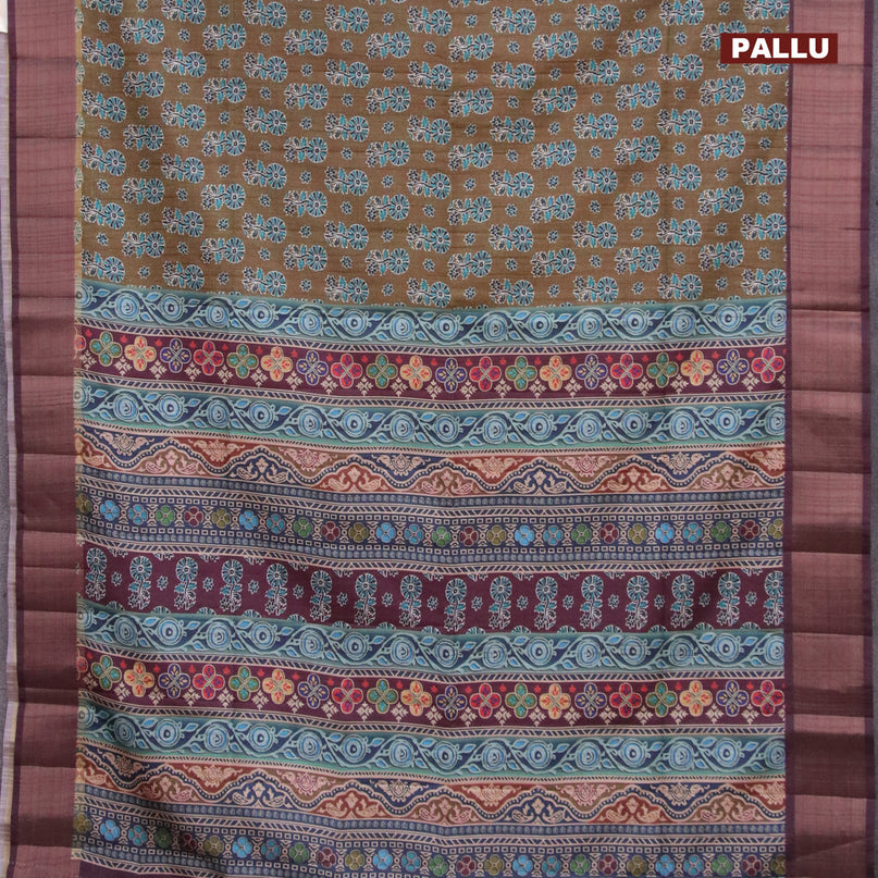 Semi matka saree sap green and wine shade with floral butta prints and zari woven border