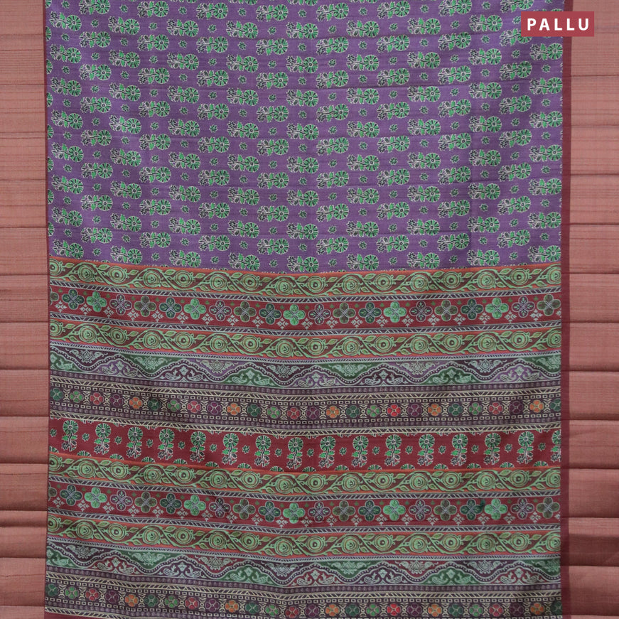 Semi matka saree violet and deep maroon with floral butta prints and zari woven border