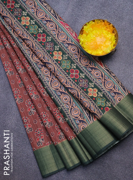 Semi matka saree brown and green with floral butta prints and zari woven border