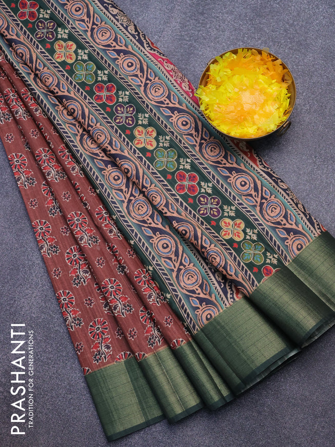 Semi matka saree brown and green with floral butta prints and zari woven border