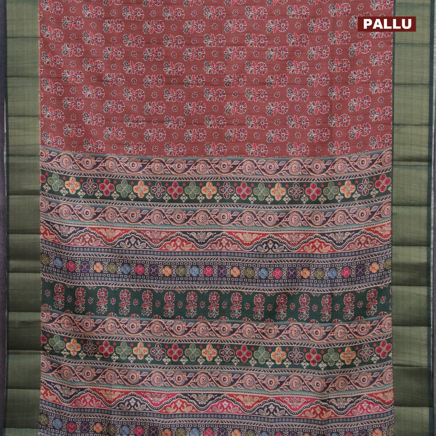 Semi matka saree brown and green with floral butta prints and zari woven border