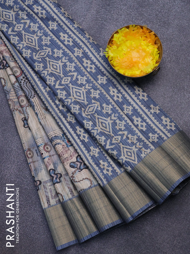 Semi matka saree beige and grey with allover prints and zari woven border