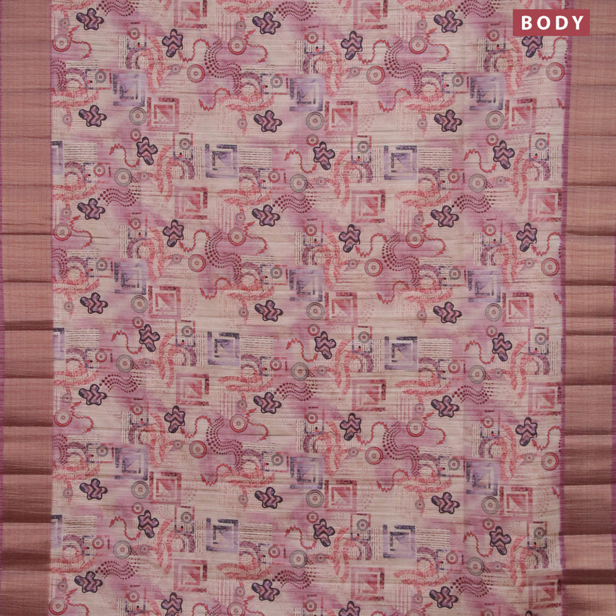 Semi matka saree beige and pastel pink with allover prints and zari woven border