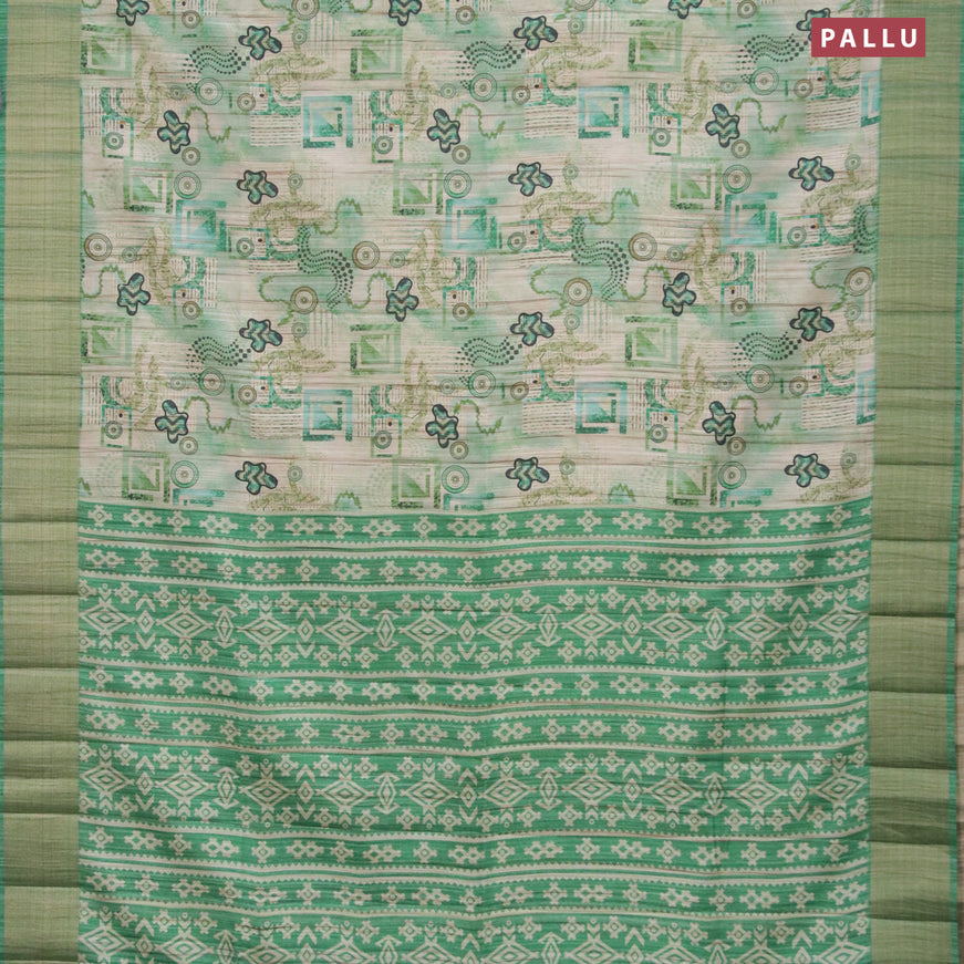 Semi matka saree beige and green with allover prints and zari woven border