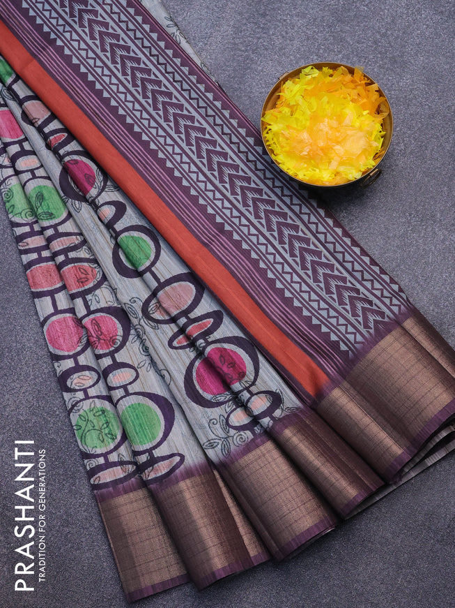 Semi matka saree grey shade and deep purple with allover prints and zari woven border