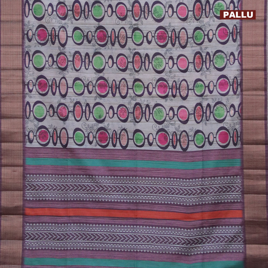 Semi matka saree grey shade and deep purple with allover prints and zari woven border