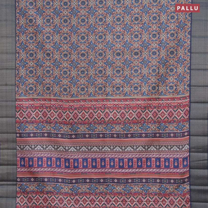 Semi matka saree sandal and peacock blue with allover prints and zari woven border