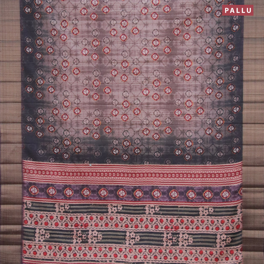Semi matka saree pastel brown and dark grey with allover butta prints and zari woven border