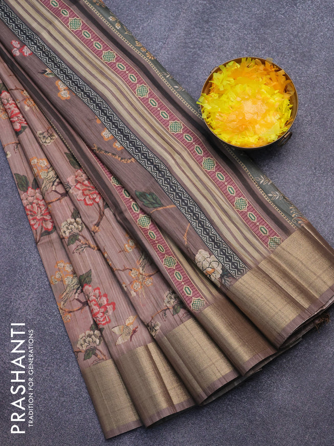 Semi matka saree pastel brown with allover prints and zari woven border