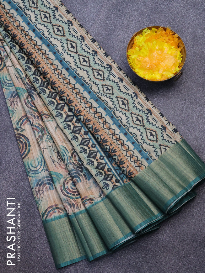 Semi matka saree beige and green with allover floral prints and zari woven border